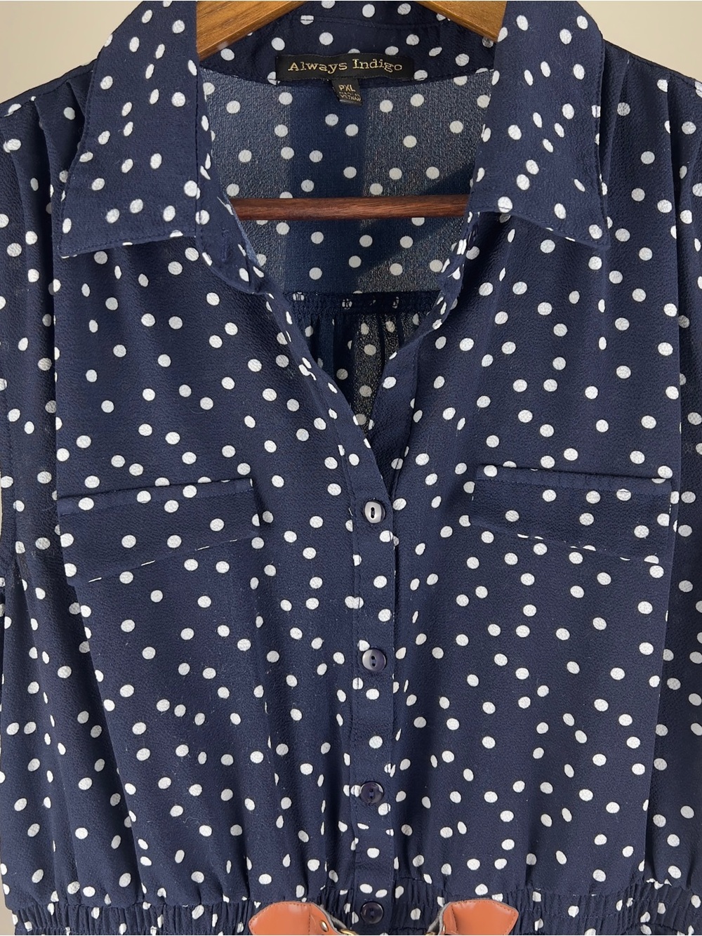 Always Indigo Navy Blue Polka Dot Sleeveless Shirtdress - Picture 2 of 8